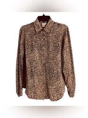 Vintage Silk Leopard Print Career Blouse M Cheetah Animal Button Up Shirt Top